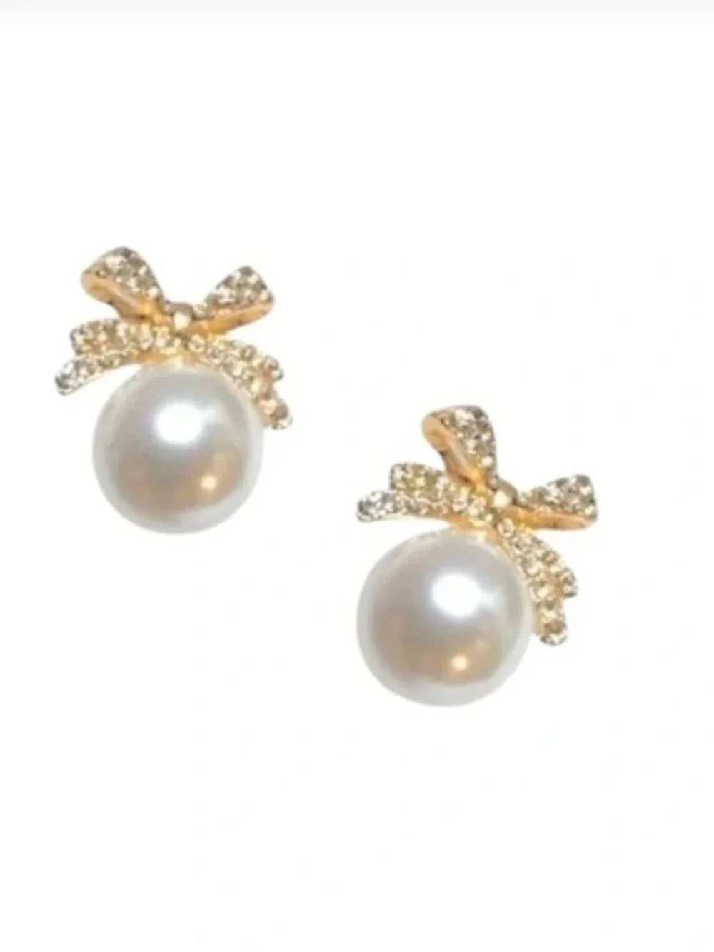 Gold Crystals Ribbon / Pearl Stud Earrings